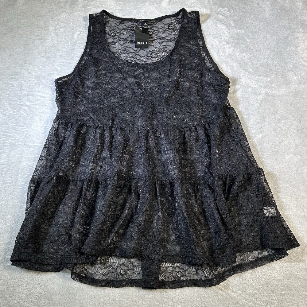 Torrid Black Lace Babydoll Tunic Tank Top 0 L 12 Sheer Whimsigoth Coquette NWT